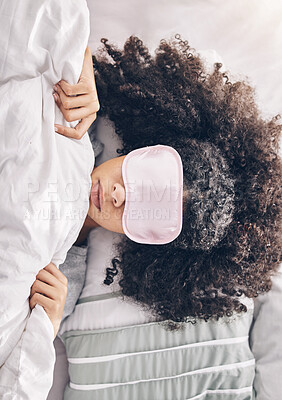 Buy stock photo Relax, beauty sleep and black woman with eye mask in bed, dream and refresh body and mind in apartment from above. Dreaming, rest and relaxation, girl sleeping late on weekend morning in cozy bedroom