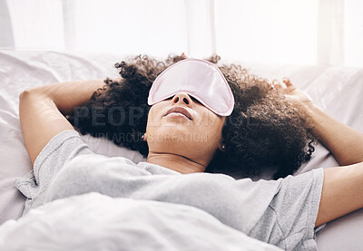 Buy stock photo Black woman, sleeping mask and bed in morning for peace, quiet and relax in home bedroom. Person on pillow to dream for calm sleep with insomnia or fatigue therapy for health and wellness in room