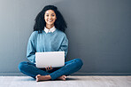 Laptop, happy and smile with black woman on floor with mockup for social media, news or designer. Website, online shopping and technology with girl customer for communication, internet or advertising