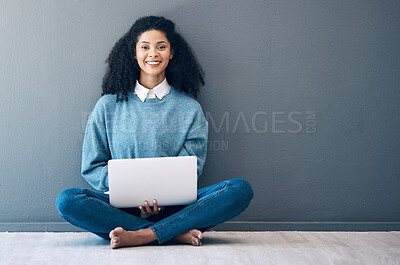 Buy stock photo Laptop, happy and smile with black woman on floor with mockup for social media, news or designer. Website, online shopping and technology with girl customer for communication, internet or advertising