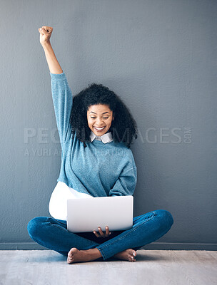 Buy stock photo Wow, happy and woman with news on a laptop, email success and excited about a notification. Smile, celebration and employee with a surprise on the internet, communication and announcement on a pc