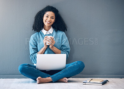 Buy stock photo Brazil, mockup or portrait of black woman on floor on laptop for planning creative idea, strategy or website review. Motivation, happy or startup employee girl on tech for networking or internet blog