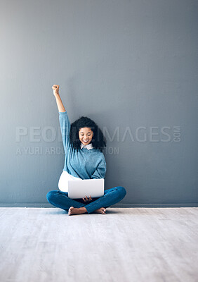 Buy stock photo Wow, celebrate and woman reading on a laptop, email success and excited about a notification. Happy, celebration and employee with a surprise on the internet, communication and announcement on a pc