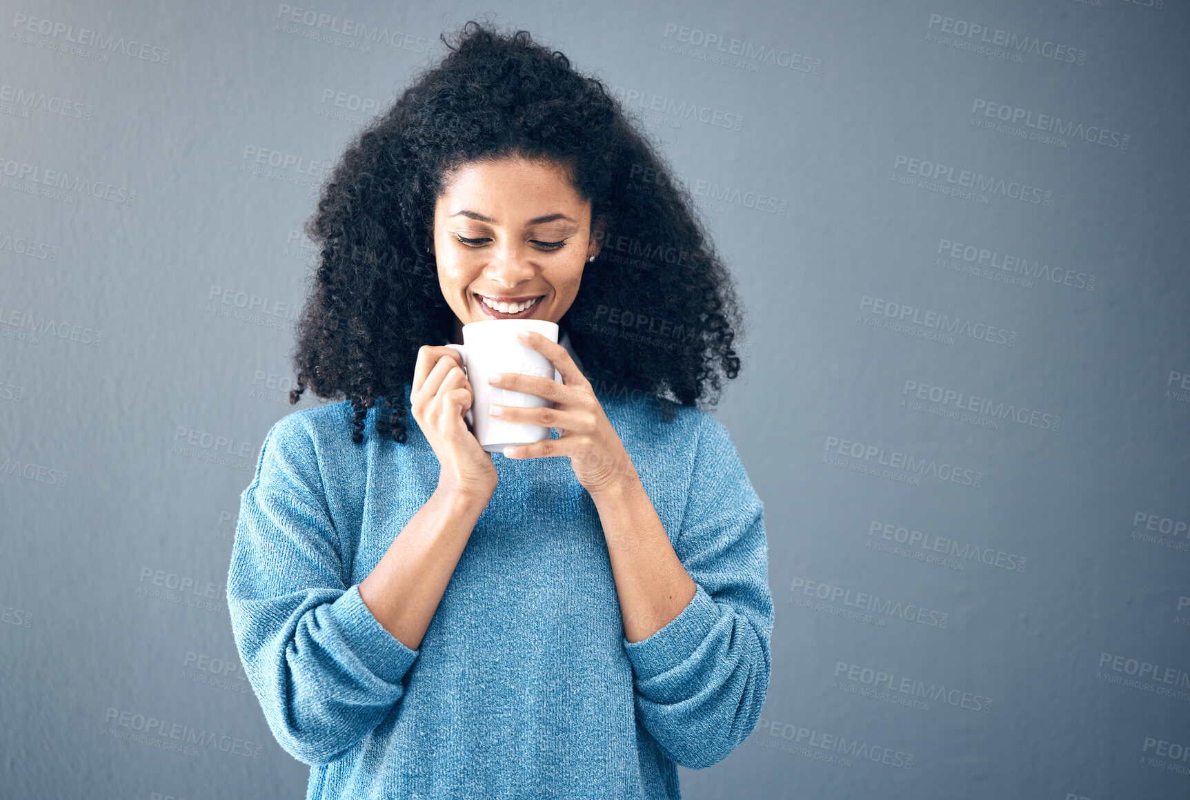 Buy stock photo Coffee cup and black woman isolated on wall background for ideas, thinking and creative inspiration on studio mockup. Young woman, student or person from USA with tea, drink  or mug on mock up space