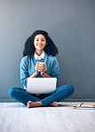 Happy portrait, mockup or black woman on floor of startup with laptop for planning creative idea, strategy or website review. Motivation or girl employee in Brazil on tech for networking or blog news