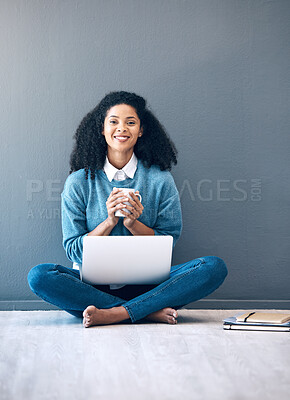 Buy stock photo Laptop portrait, mockup or black woman on floor of startup for planning creative idea, strategy or website review. Motivation, happy or girl employee in Brazil on tech for networking or blog news
