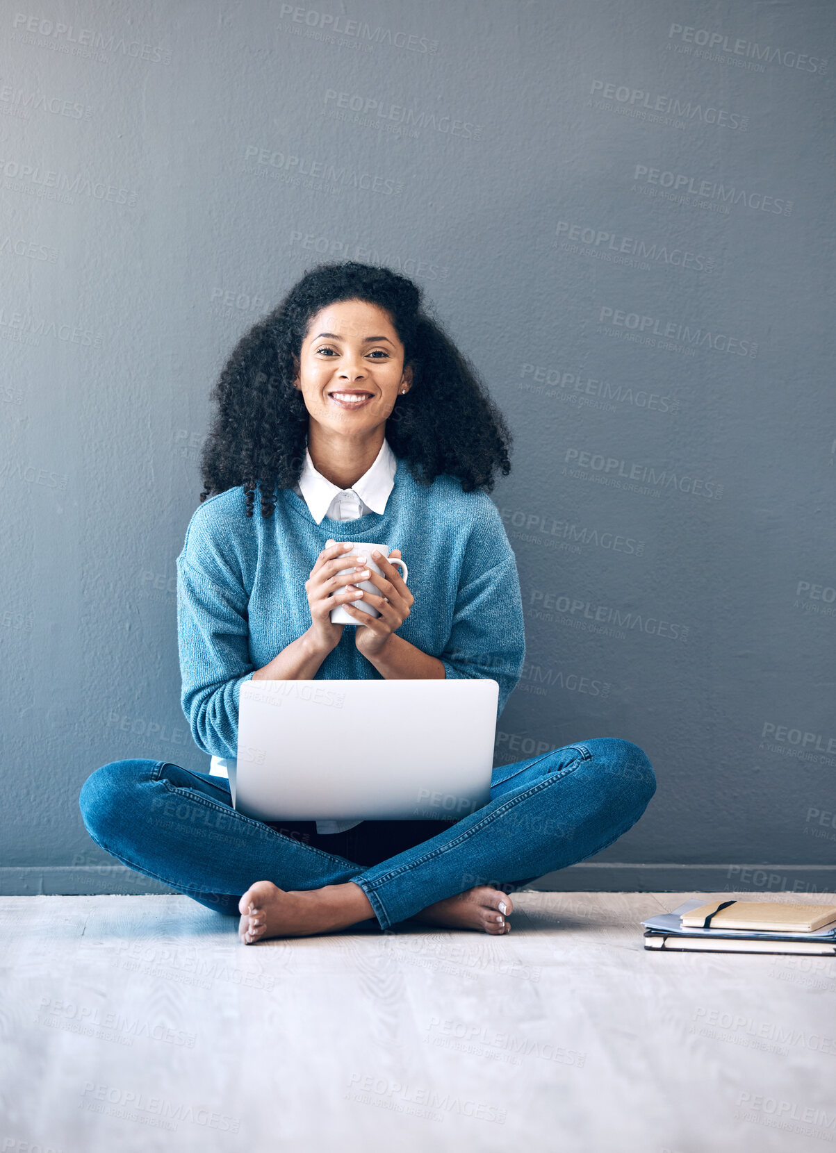 Buy stock photo Laptop portrait, mockup or black woman on floor of startup for planning creative idea, strategy or website review. Motivation, happy or girl employee in Brazil on tech for networking or blog news