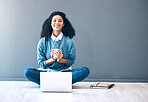 Mockup, startup portrait or black woman on floor on laptop for planning creative idea, strategy or website review. Motivation, happy or girl employee in Brazil on tech for networking or website blog