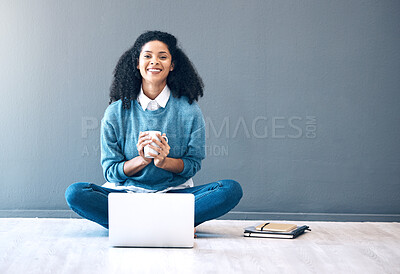 Buy stock photo Portrait, laptop or coffee with woman on floor with mockup for planning creative idea, strategy or website review. Motivation, happy or girl employee in Brazil on tech for networking or blog content