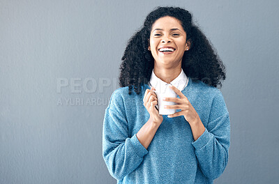 Buy stock photo Black woman, portrait and coffee drink in studio, background and mockup backdrop. Happy young african female model smile with cup of tea, cappuccino and mug of latte beverage, happiness and mock up