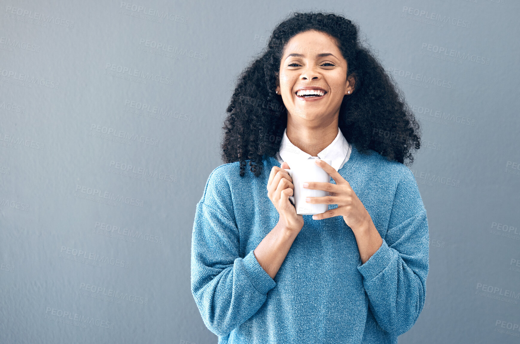 Buy stock photo Black woman, portrait and coffee drink in studio, background and mockup backdrop. Happy young african female model smile with cup of tea, cappuccino and mug of latte beverage, happiness and mock up