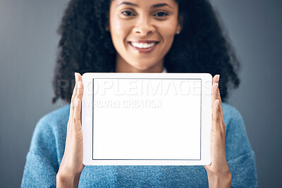 Buy stock photo Digital tablet, mockup and portrait of black woman in studio on internet, screen or advertising on grey background. Online, communication and girl on space, display or copy on website, app or network