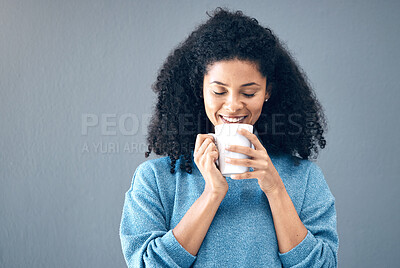 Buy stock photo Black woman, drink and coffee in studio, background and mockup backdrop. Happy young african female model smile with cup of tea, cappuccino and mug of latte for beverage break, happiness and mock up
