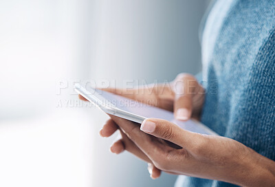Buy stock photo Hands, phone and woman texting on mockup for internet, search or social media on blurred background. Online, communication and girl searching on smartphone, website or app or reading isolated closeup