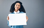 Portrait, poster and black woman with billboard for space, advertising and branding on grey background. Face, blank or banner by girl relax on mock up, copy space or announcement on product placement