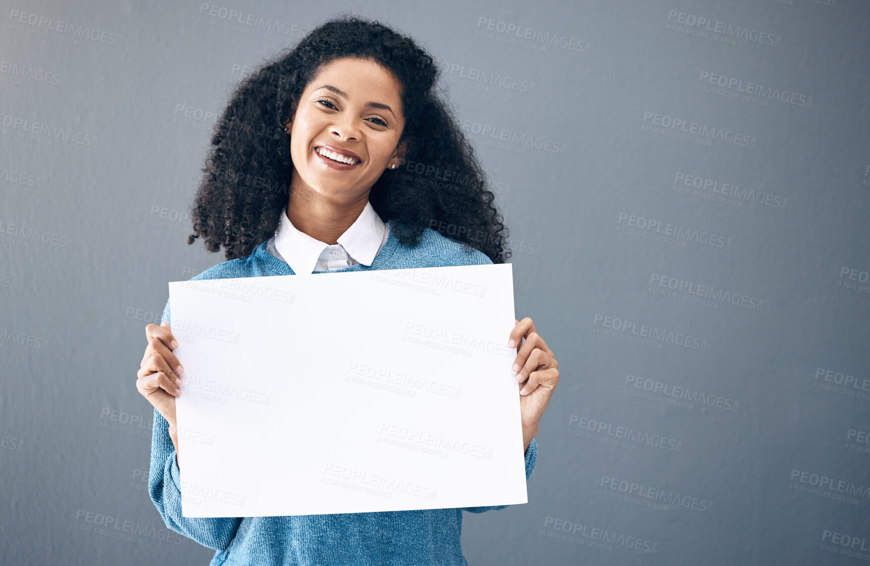 Buy stock photo Portrait, poster and black woman with billboard for space, advertising and branding on grey background. Face, blank sign or banner by girl relax on mock up, copy or announcement on product placement