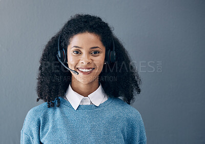 Buy stock photo CRM, customer service portrait or happy black woman in mockup for call center deal, support or telemarketing in studio background. Callcenter consultant face for contact us, telecom or sales network