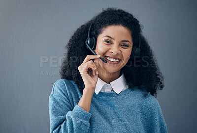 Buy stock photo CRM, callcenter face or black woman smile for success B2B deal, support or telemarketing in studio background. Happy or customer service consultant portrait for contact us, telecom or sales network