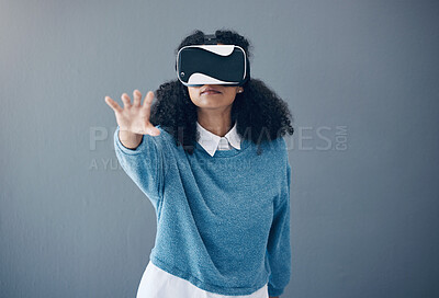 Buy stock photo Virtual reality headset, metaverse and woman with hand for mockup space and 3d game in studio. Gamer person vr glasses for digital world, futuristic gaming and ar tech ux experience grey background