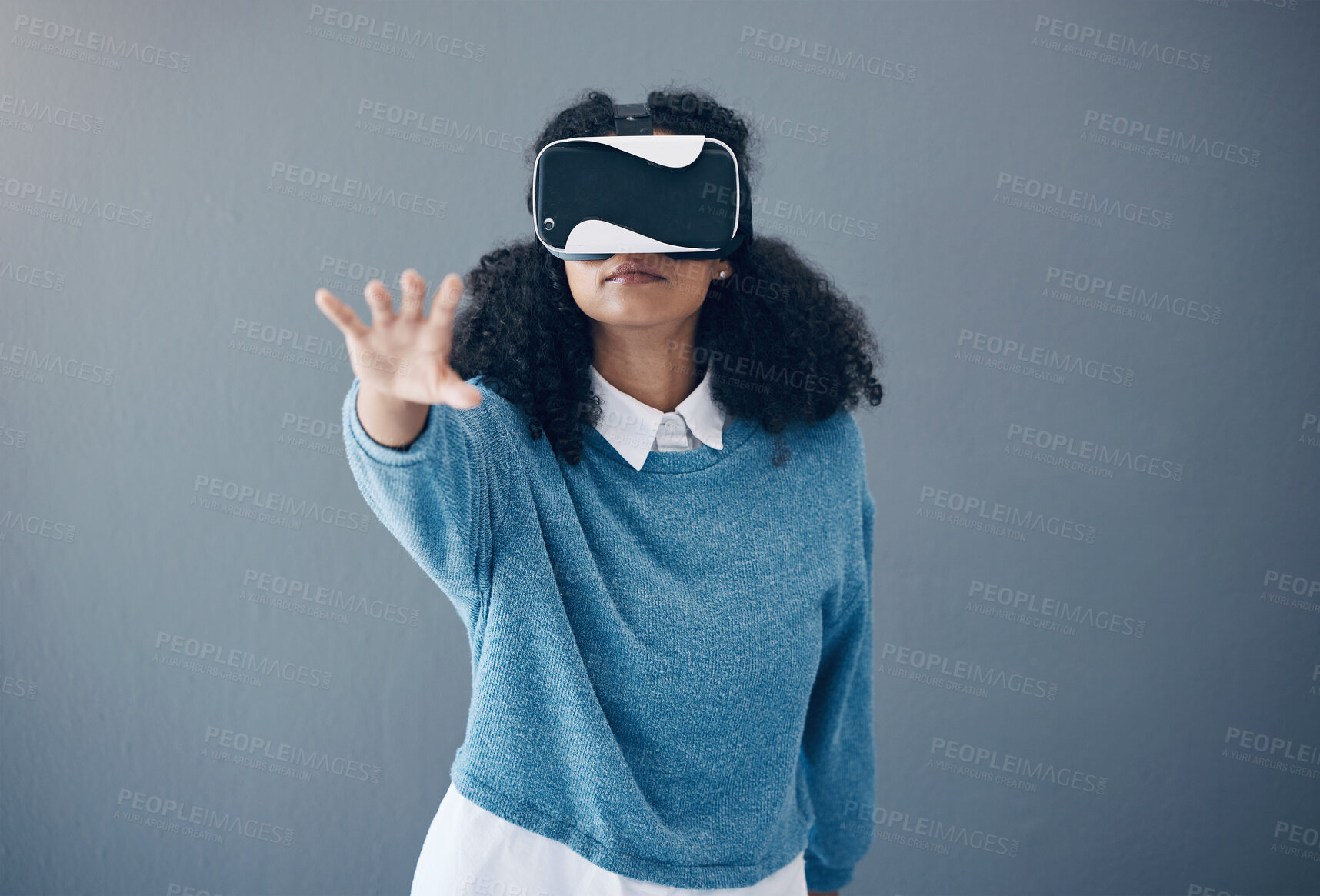 Buy stock photo Virtual reality headset, metaverse and woman with hand for mockup space and 3d game in studio. Gamer person vr glasses for digital world, futuristic gaming and ar tech ux experience grey background
