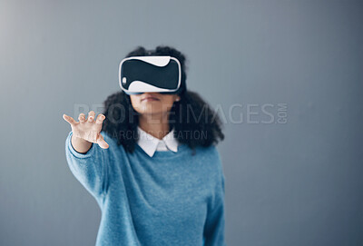 Buy stock photo Woman, hand and virtual reality glasses for metaverse with mockup space and 3d game in studio. Gamer person vr headset in digital world, futuristic gaming and ar tech ux experience on grey background