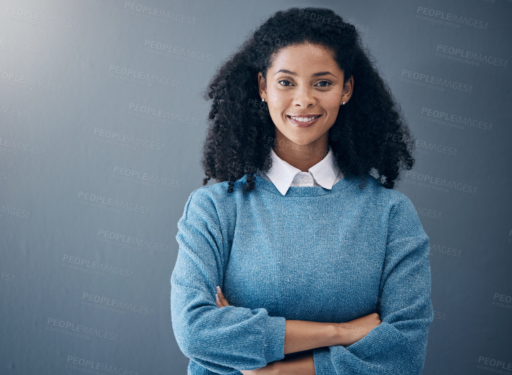 Buy stock photo Business woman, happy portrait and smile with arms crossed for professional leader mockup space. Face of Colombia entrepreneur black person with motivation, pride and smile for vision grey background