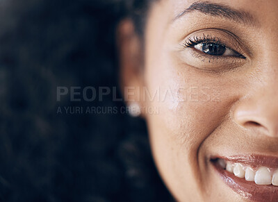 Buy stock photo Closeup, black woman and cosmetics with portrait, natural beauty or dermatology with confident lady. Zoom, African American female or lady with happiness, makeup or morning routine for skin treatment