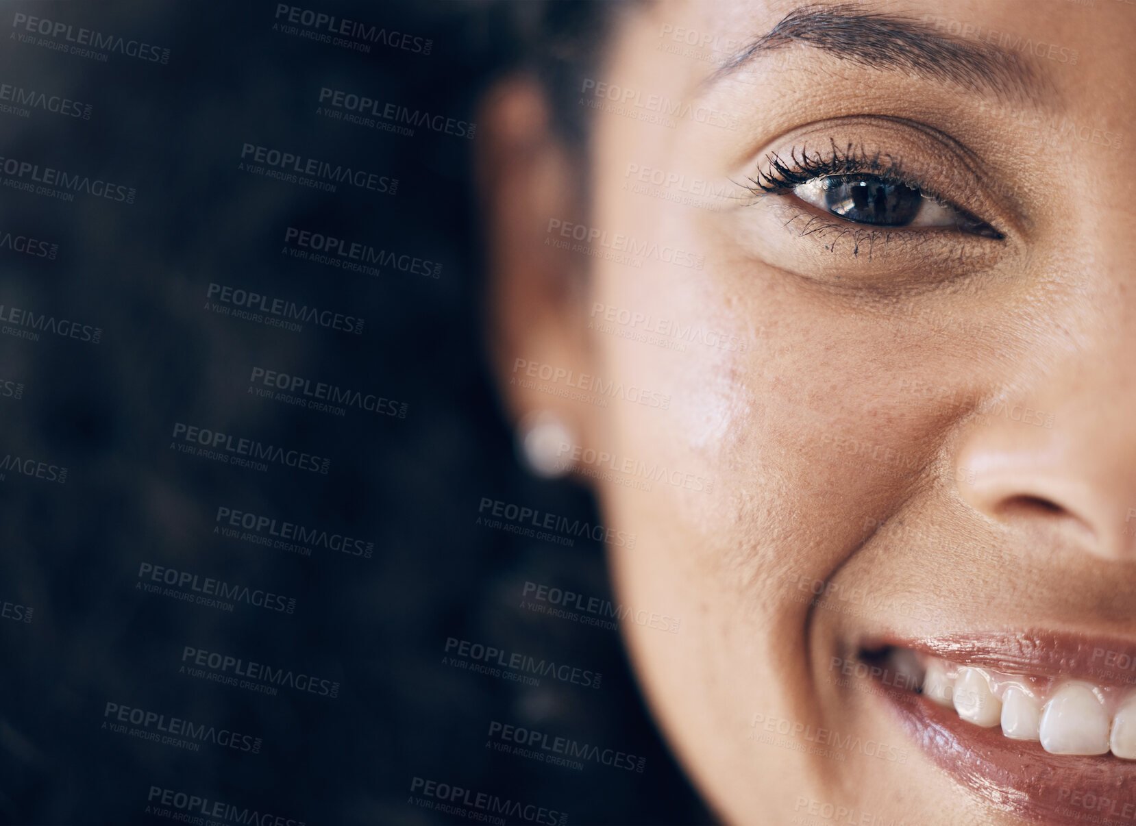 Buy stock photo Closeup, black woman and cosmetics with portrait, natural beauty or dermatology with confident lady. Zoom, African American female or lady with happiness, makeup or morning routine for skin treatment