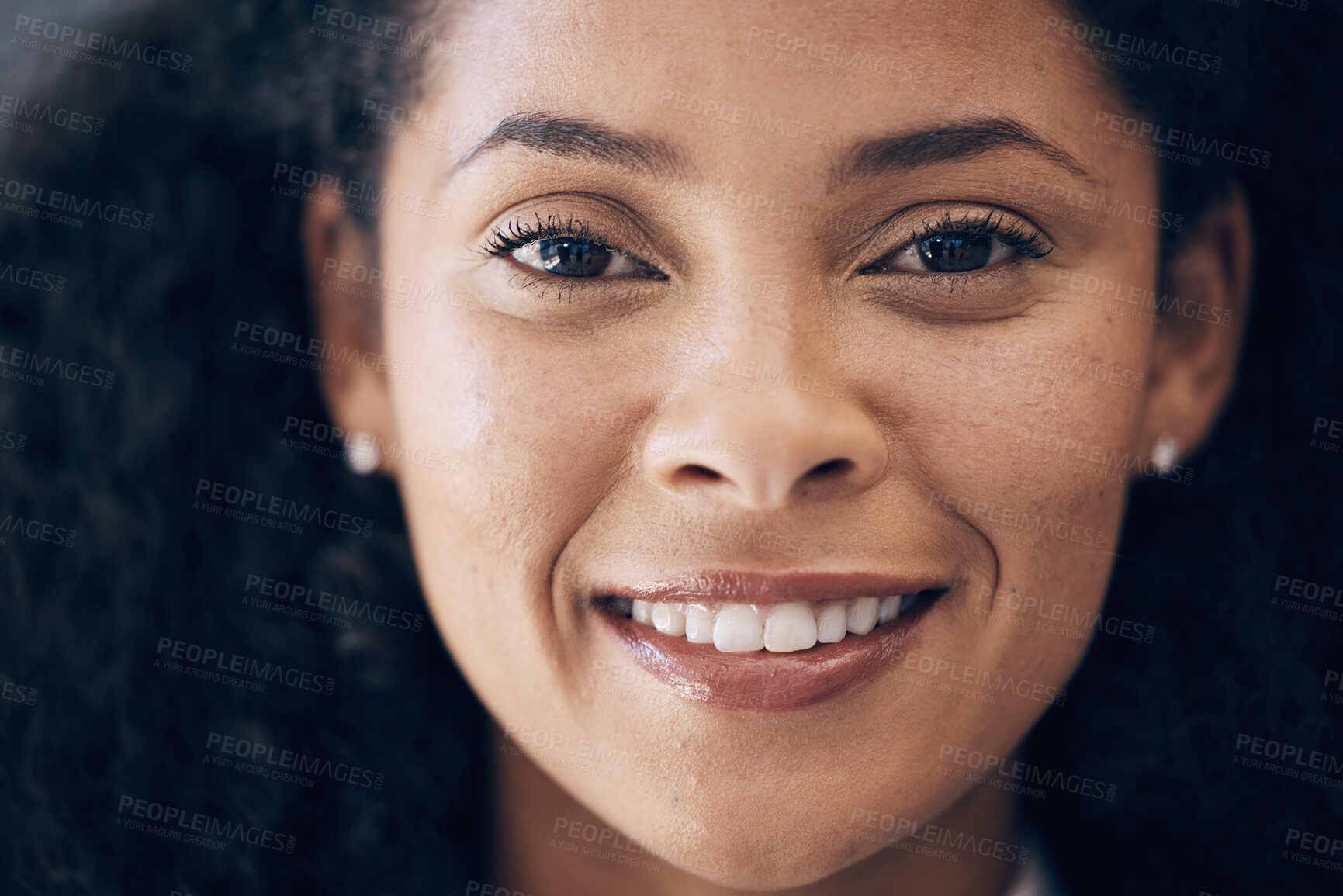 Buy stock photo Corporate black woman, smile and headshot portrait for vision, motivation and success at public relations agency. African PR executive, happy and focus with goals, mission and small business owner