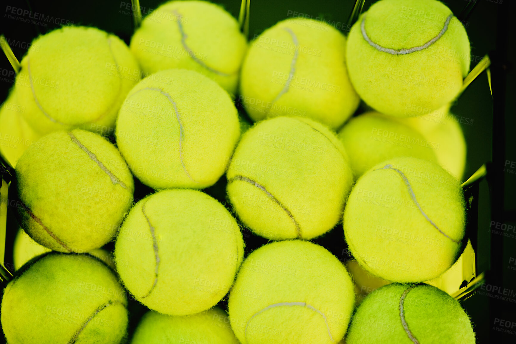 Buy stock photo Tennis, sport balls and zoom of a ball basket for fitness, exercise and workout for sports game. Above, no people and texture of sport training object for health, match wellness and competition 