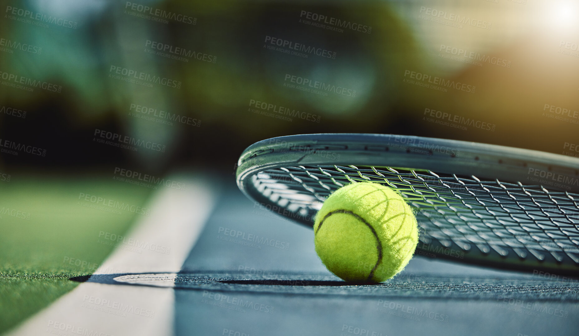 Buy stock photo Tennis ball, racket and court ground with mockup space, blurred background or outdoor sunshine. Summer, sports equipment and mock up for training, fitness and exercise at game, contest or competition