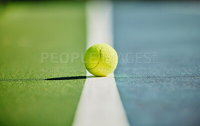 Tennis ball, court and green texture of line between grass and turf game with no people. Sports, empty sport training ground and object zoom for workout, exercise and fitness for a match outdoor