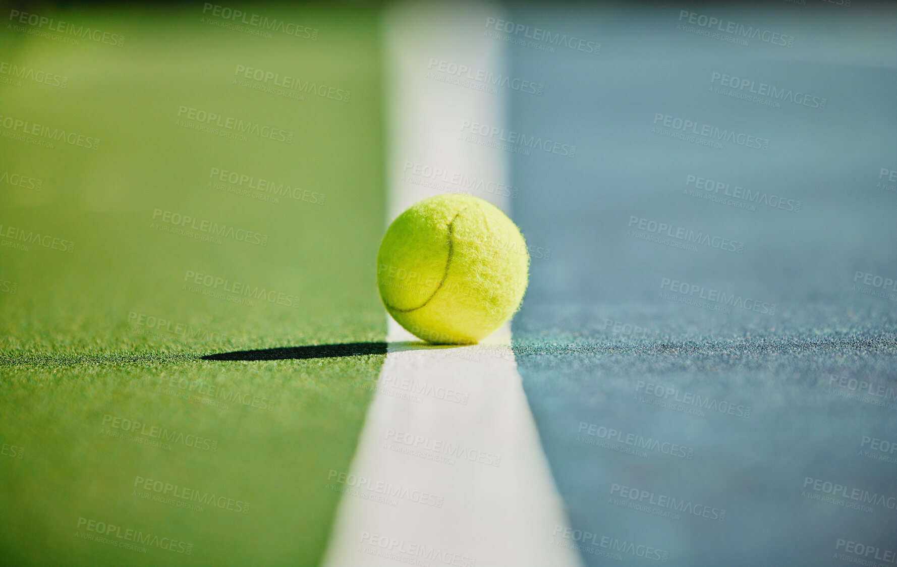 Buy stock photo Tennis ball, court and green texture of line between grass and turf game with no people. Sports, empty sport training ground and object zoom for workout, exercise and fitness for a match outdoor