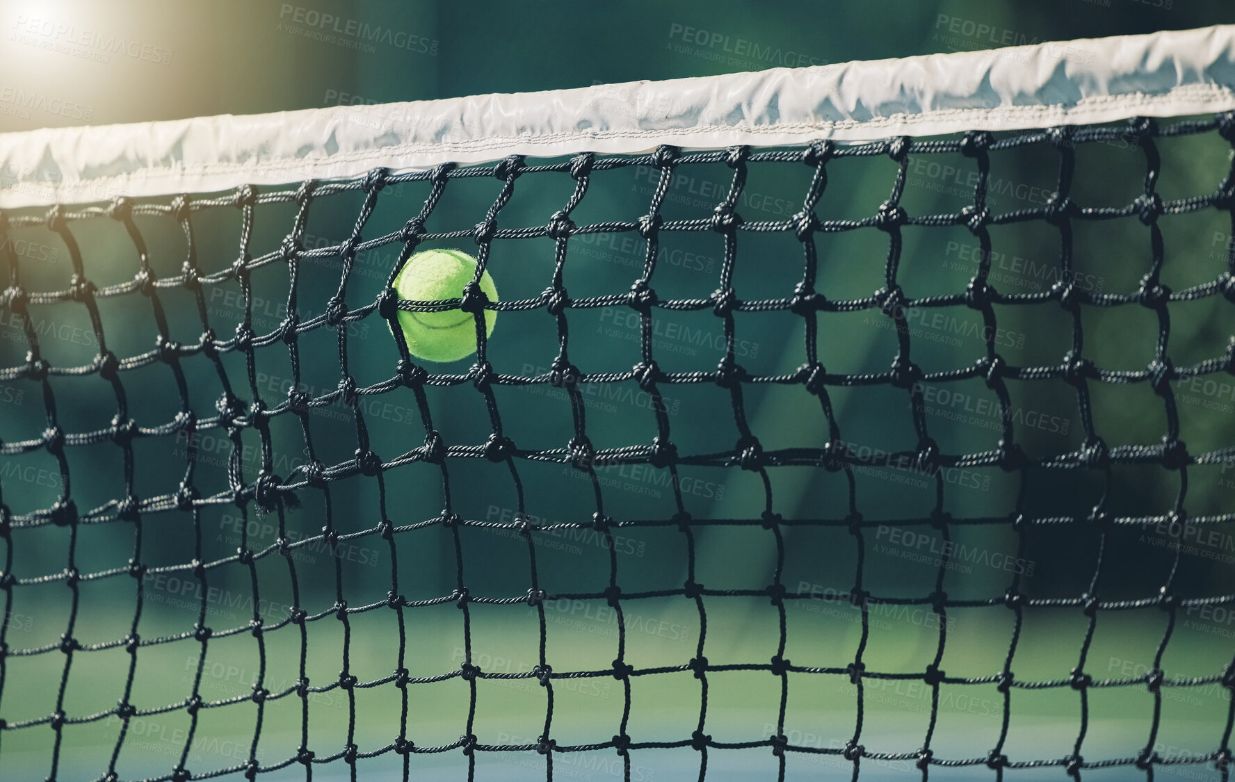 Buy stock photo Tennis ball, air and net outdoor with space for mockup, blurred background and sunshine. Summer, sport equipment and mock up for training, fitness or exercise at game, contest or competition at court