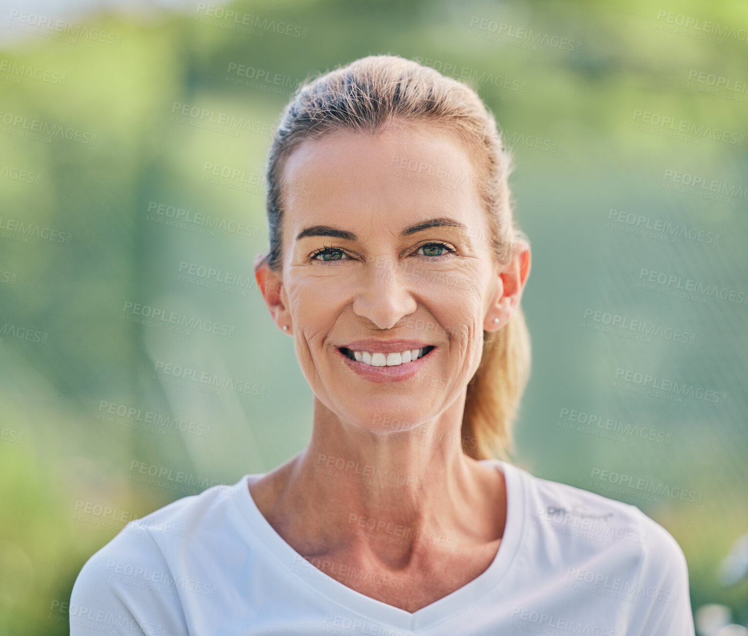 Buy stock photo Happy, sports and portrait of a woman in tennis for training, fitness and cardio competition on a court in France. Motivation, exercise and face of a mature sport player standing for a match