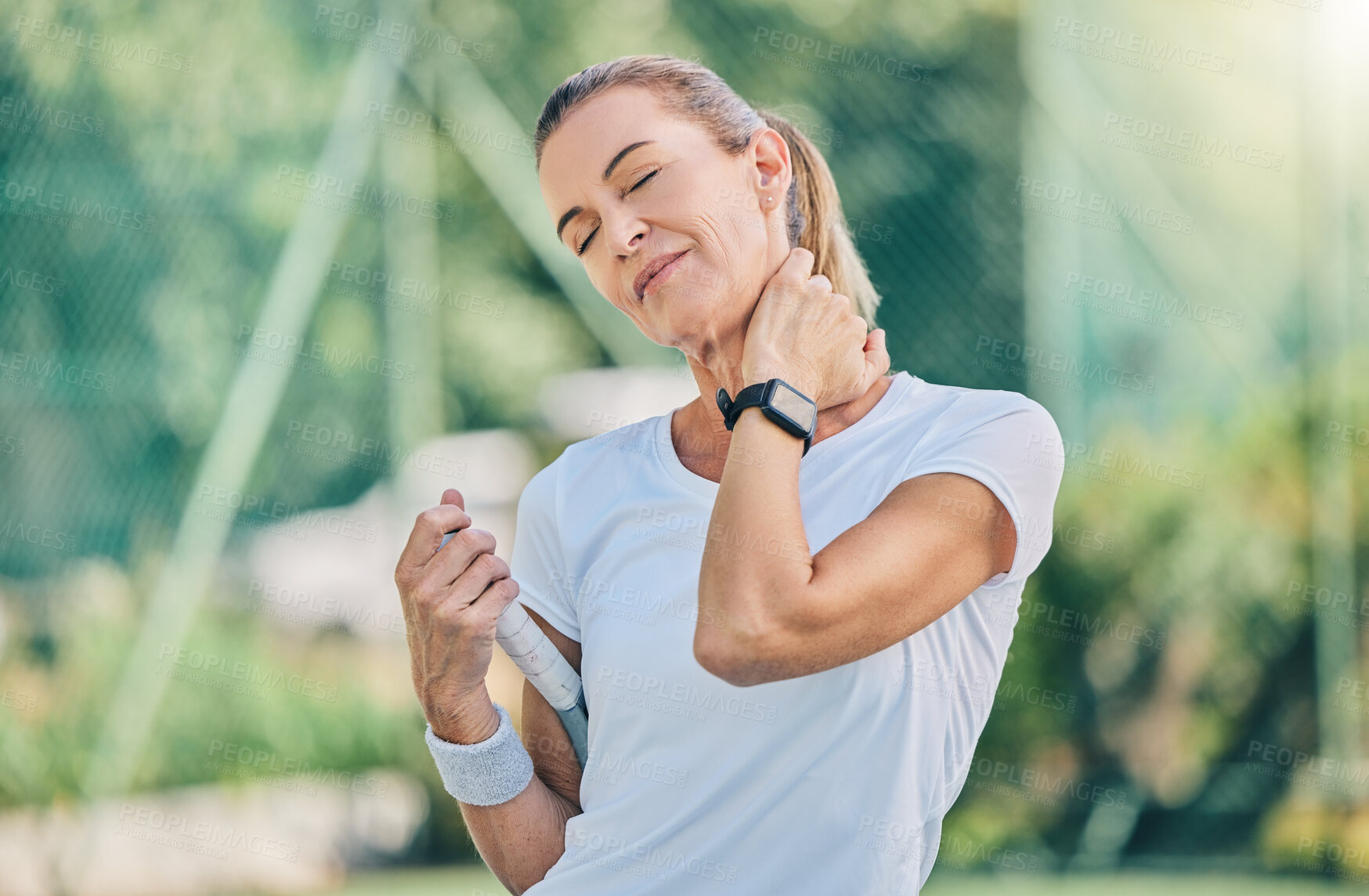 Buy stock photo Fitness, neck pain and tennis training with a mature woman on a outdoor court with mockup and injury. Sports, wellness and workout inflammation of a athlete with joint and muscle problem from sport