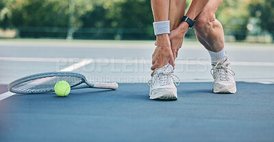Buy stock photo Tennis player or woman with ankle pain on sports ground for healthcare risk, muscle accident or training problem. Competition, game and athlete on fitness court with foot injury and legs massage