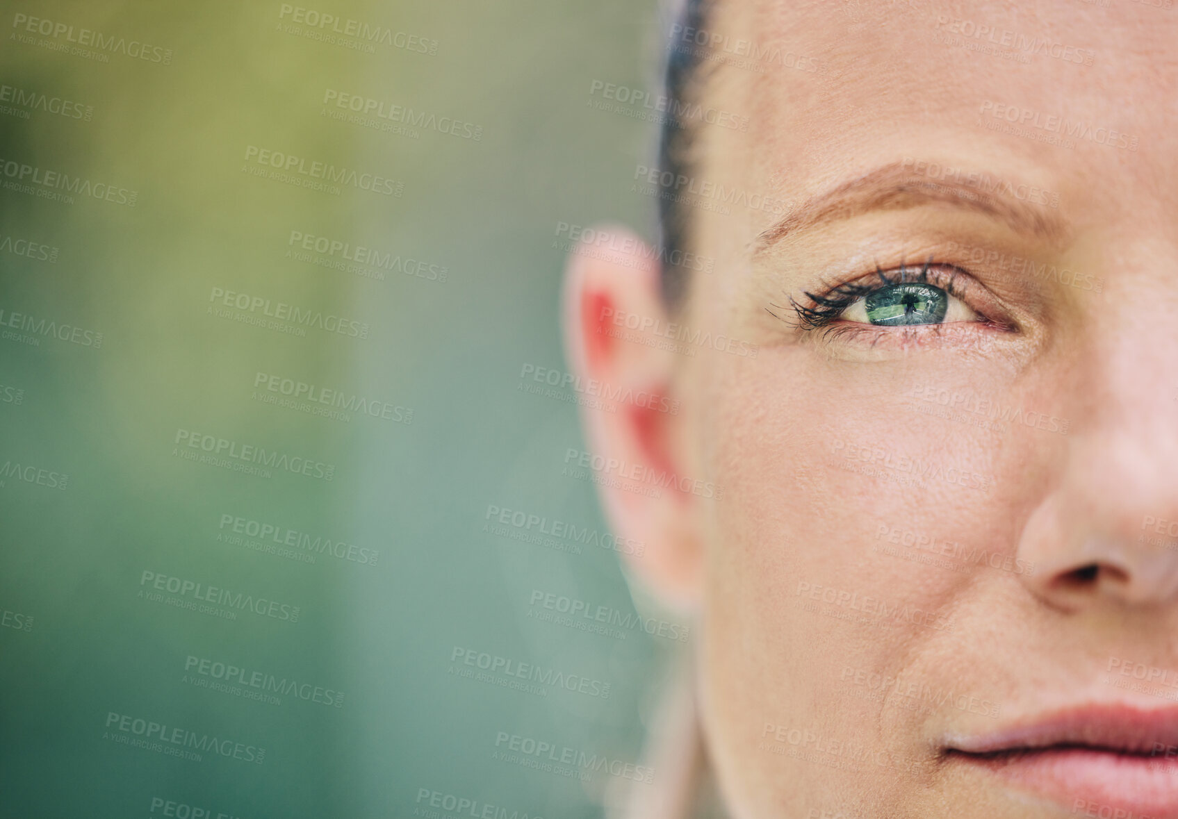 Buy stock photo Half, face and portrait of a woman at tennis with vision, motivation and serious about a game. Mockup, focus and sports player looking serious while playing sport on a court and bokeh background