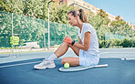 Inflammation, tennis and woman with knee pain after sports, training accident and competition on a court. Fitness, emergency and elderly player with a leg injury, sprain and broken bone after cardio