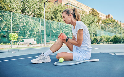 Buy stock photo Inflammation, tennis and woman with knee pain after sports, training accident and competition on a court. Fitness, emergency and elderly player with a leg injury, sprain and broken bone after cardio