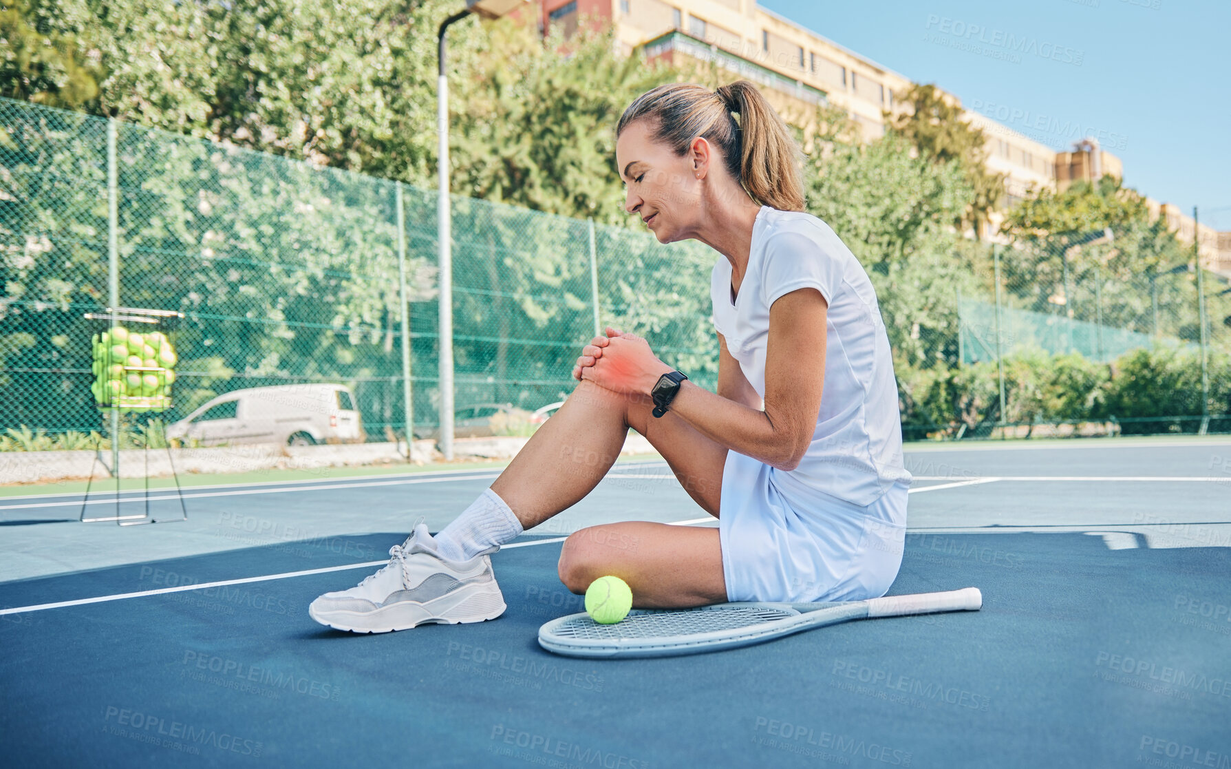 Buy stock photo Inflammation, tennis and woman with knee pain after sports, training accident and competition on a court. Fitness, emergency and elderly player with a leg injury, sprain and broken bone after cardio