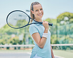 Woman, tennis player and portrait smile in sports game for exercise, cardio or hobby on the court. Happy female in sport fitness holding racket smiling ready for friendly match, training or practice