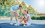 Tennis, coach and woman with knee pain, training and accident outdoor, tension and strain. Female trainer, athlete and lady on court, muscle injury or medical emergency with torn muscle or healthcare