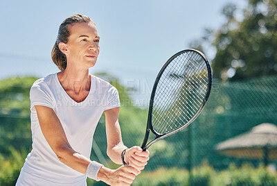 Buy stock photo Senior woman, tennis player and ready in sports game for ball, match or hobby on the court. Happy elderly female in sport fitness holding racket smiling in stance for training or practice outdoors