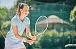 Woman, tennis player and ready in sports game for ball, match or hobby with smile on court. Happy female in sport fitness holding racket in stance for training or practice in the outdoors on mockup