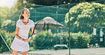 Senior woman, tennis player and ready in sports game for ball, match or hobby on the court. Elderly female in sport fitness holding racket in stance for training or practice in the outdoors on mockup