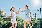 Tennis, high five and women teamwork for sport game outdoor for exercise and fitness. Sports achievement, winner and happy athlete double team feeling success from workout collaboration and goal