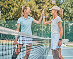Tennis court, women and sports high five outdoor for fitness, exercise and training for competition. Happy friends at club for game, workout and challenge motivation for health and wellness in summer