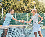 Tennis court, women and sports handshake for competition outdoor for fitness, exercise and training. Friends shaking hands at club for game, workout and winning performance for health and wellness