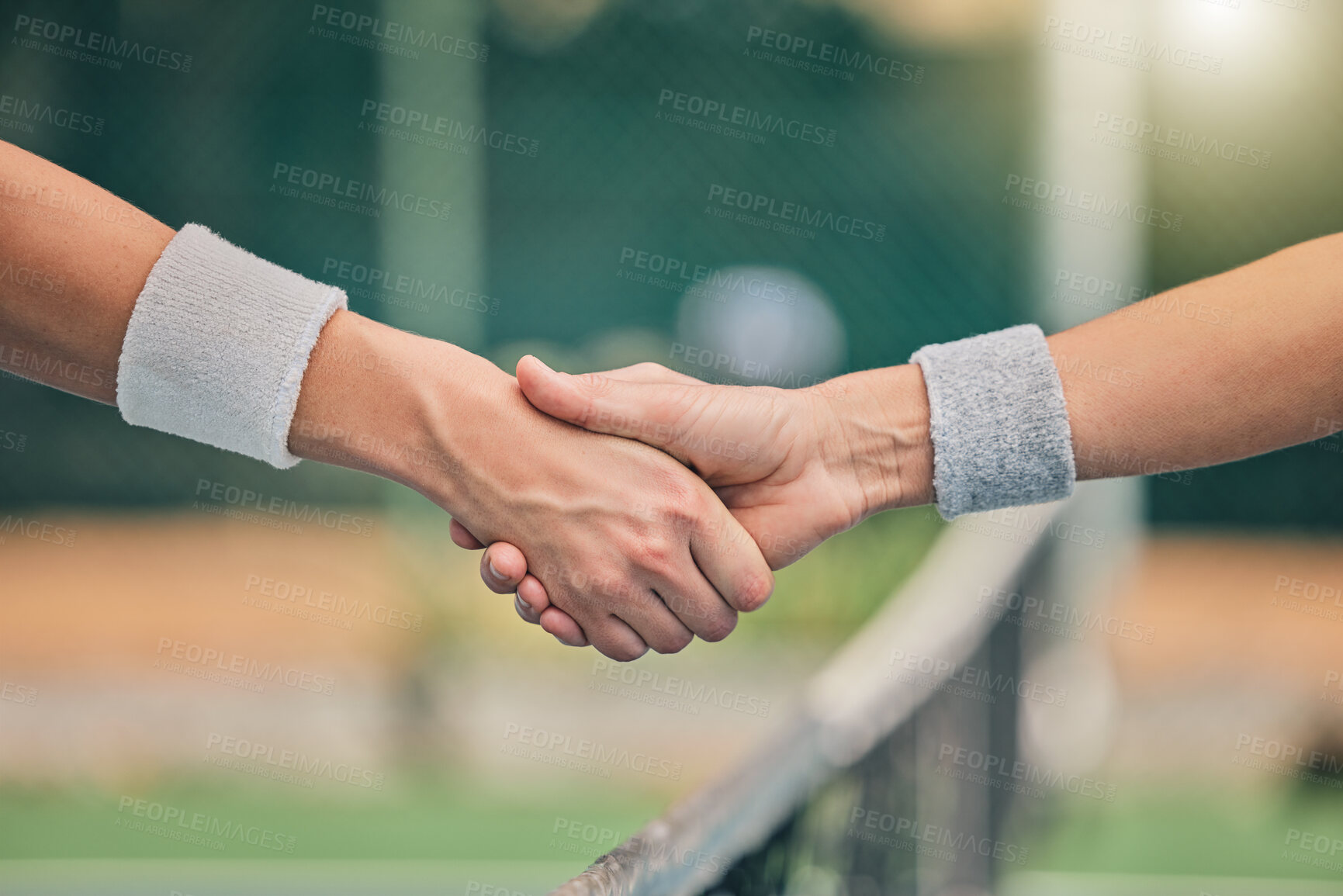 Buy stock photo Hand, tennis and handshake for partnership, unity or greeting in sportsmanship at the outdoor court. Players shaking hands before sports game, match or trust for deal or agreement in solidarity